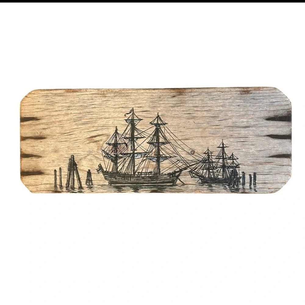 Wooden Plaque with Ship Ink Illustration